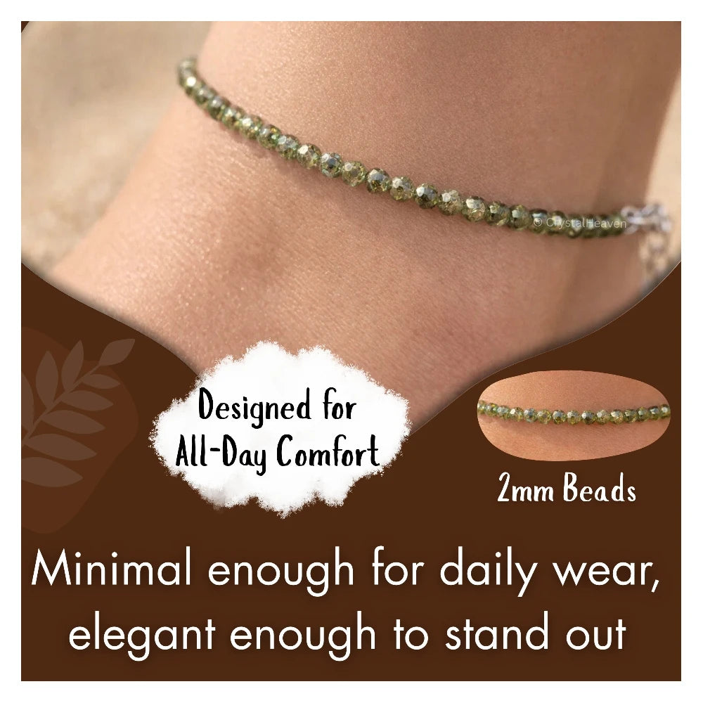 Green Cats Eye Anklet - 2mm Faceted Beads (Silver)