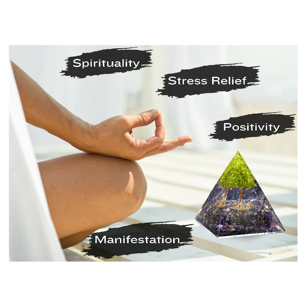 Amethyst with Peridot Tree Crystal Orgone Pyramid - 105 mm