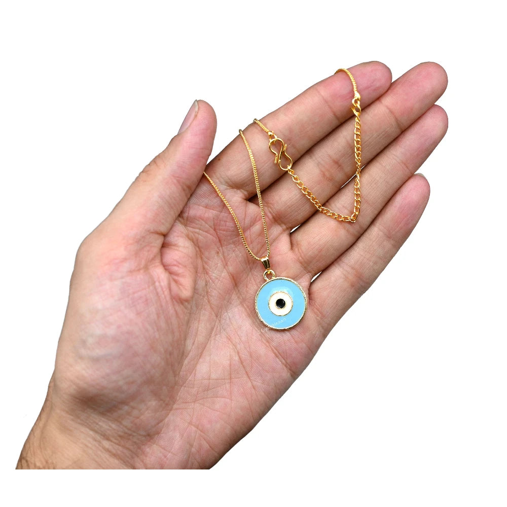 Sky Blue Evil Eye Pendant Necklace - Round (Gold)