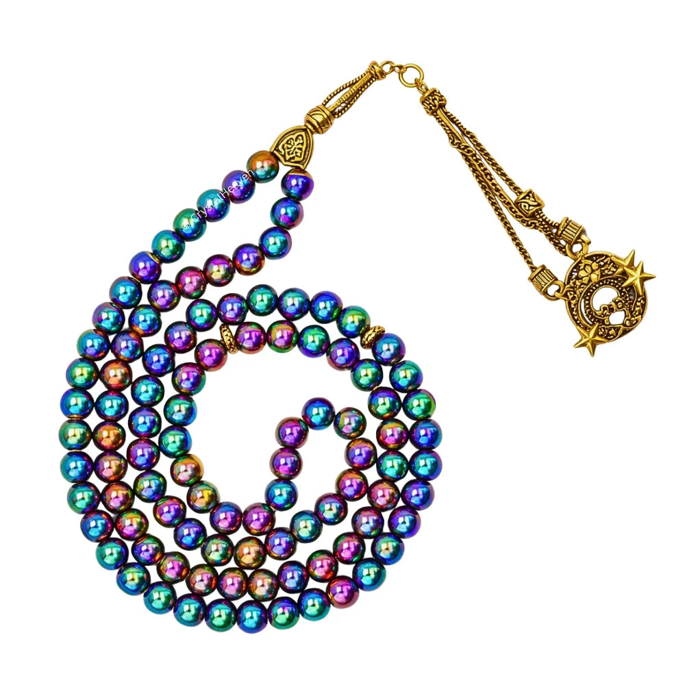 Rainbow Hematite Crystal Tasbih (Gold)