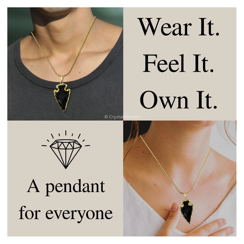 Black Obsidian Arrow Head Pendant - Gold Plated
