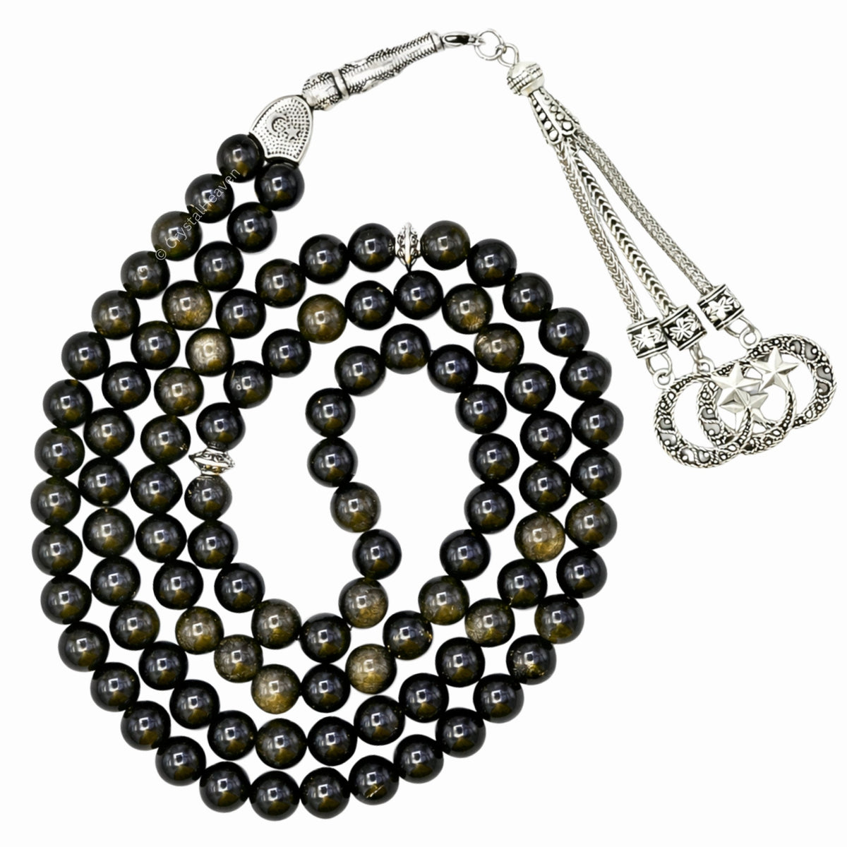 Gold Sheen Obsidian Crystal Tasbih (Silver)