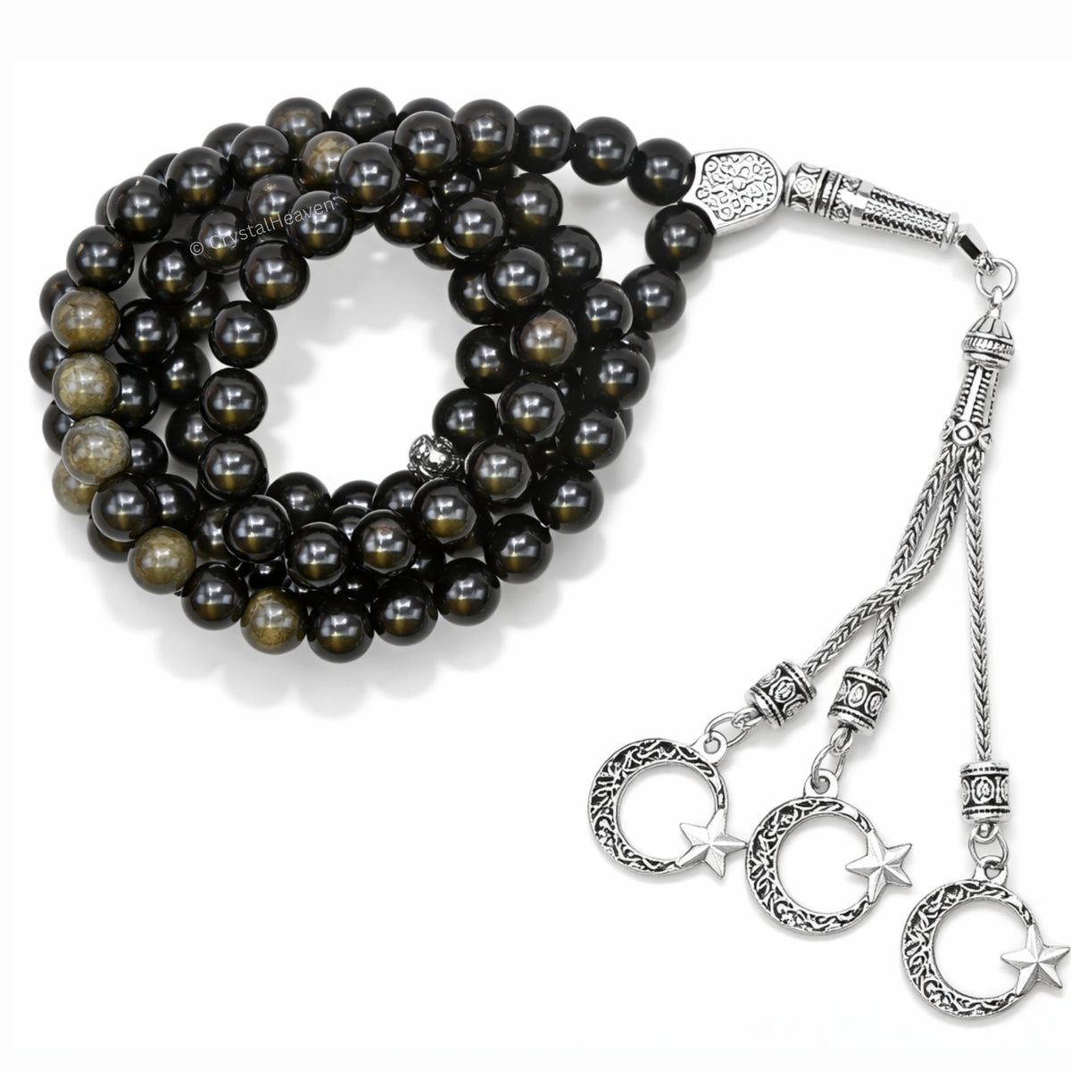 Gold Sheen Obsidian Crystal Tasbih (Silver)