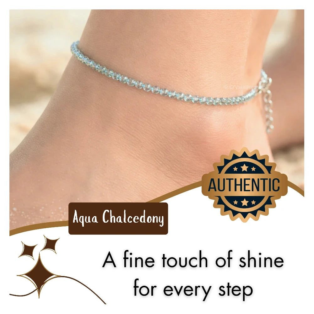 Aqua Chalcedony Anklet - 2mm Faceted Beads (Silver)