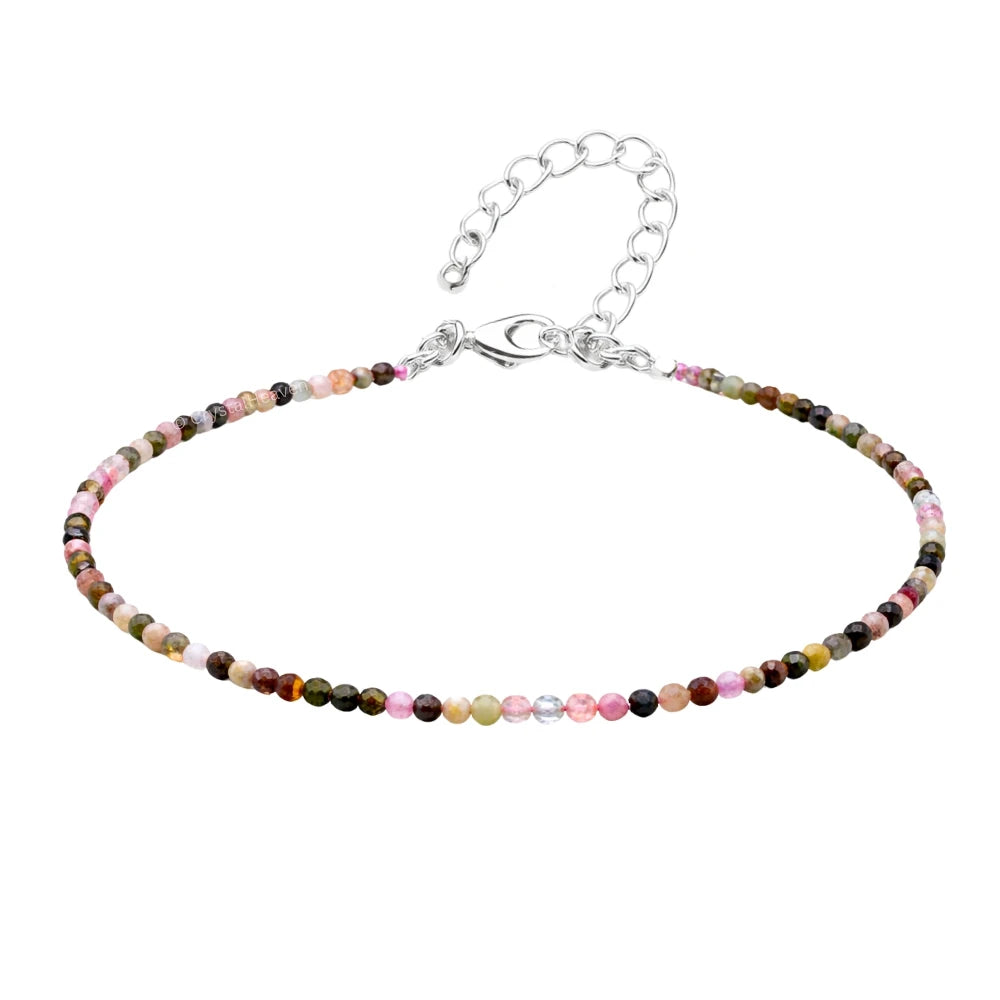 Multi Tourmaline Anklet - 2mm Faceted Beads (Silver)