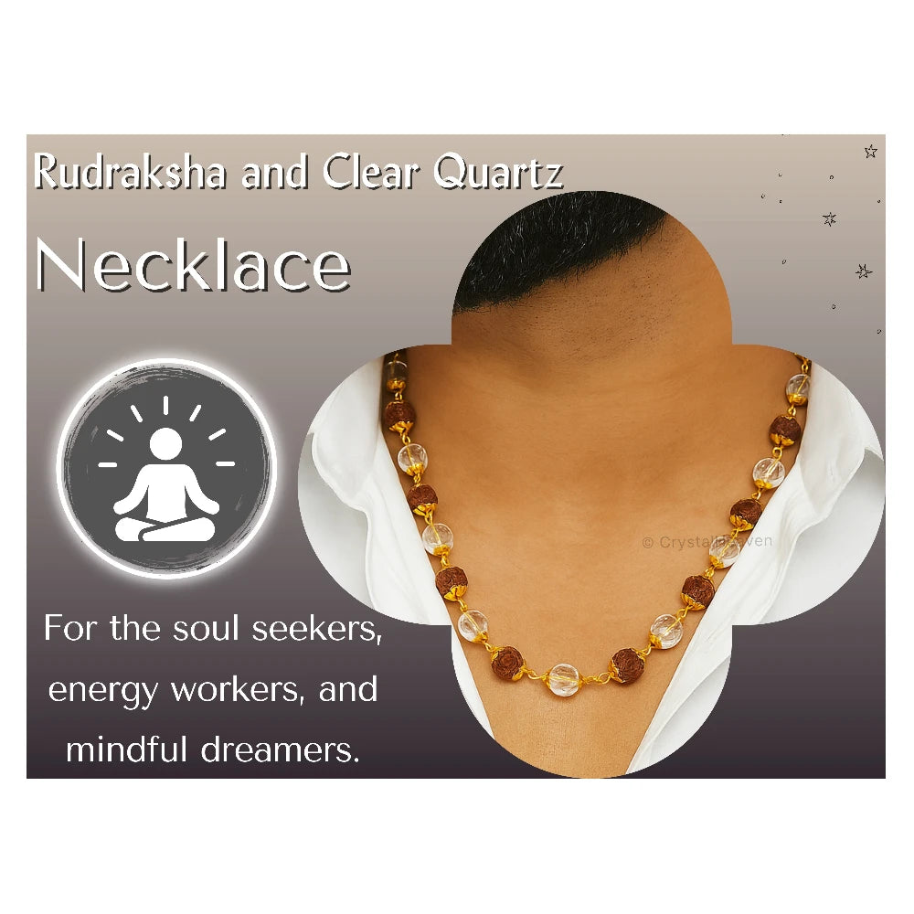 Rudraksha and Sphatik Mala Necklace (Gold Chain - Faceted)
