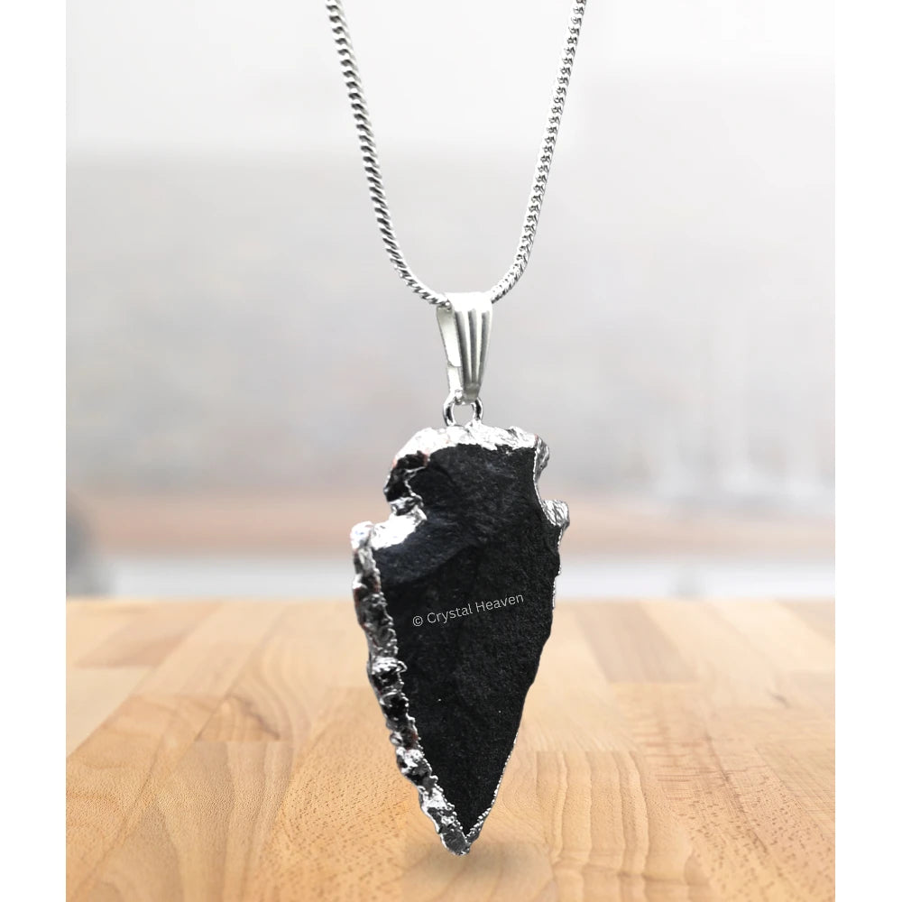 Black Agate Arrow Head Pendant - Silver Plated