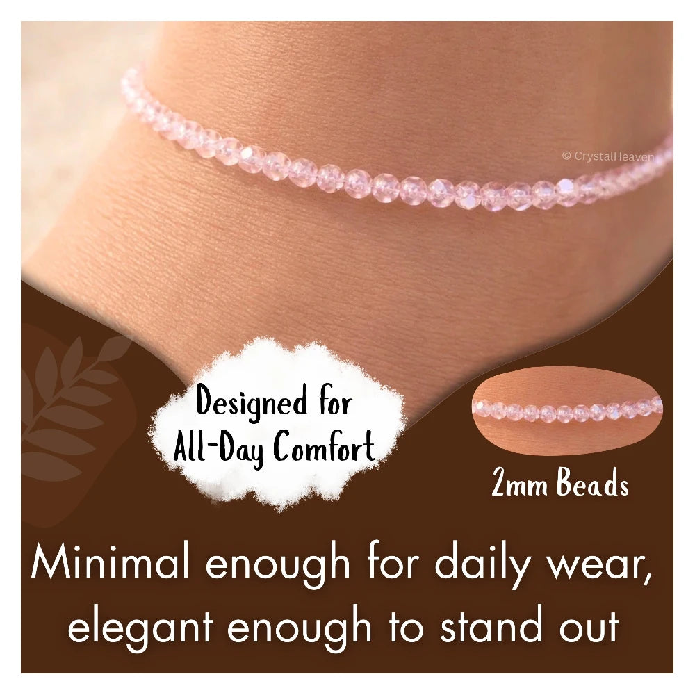 Rose Quartz Anklet - 2mm Faceted Beads (Silver)