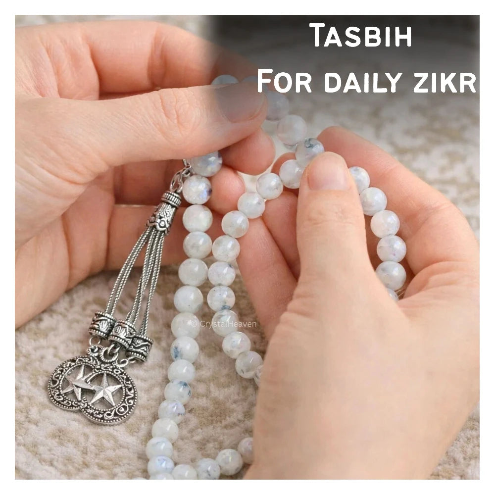 Rainbow Moonstone Crystal Tasbih (Silver)