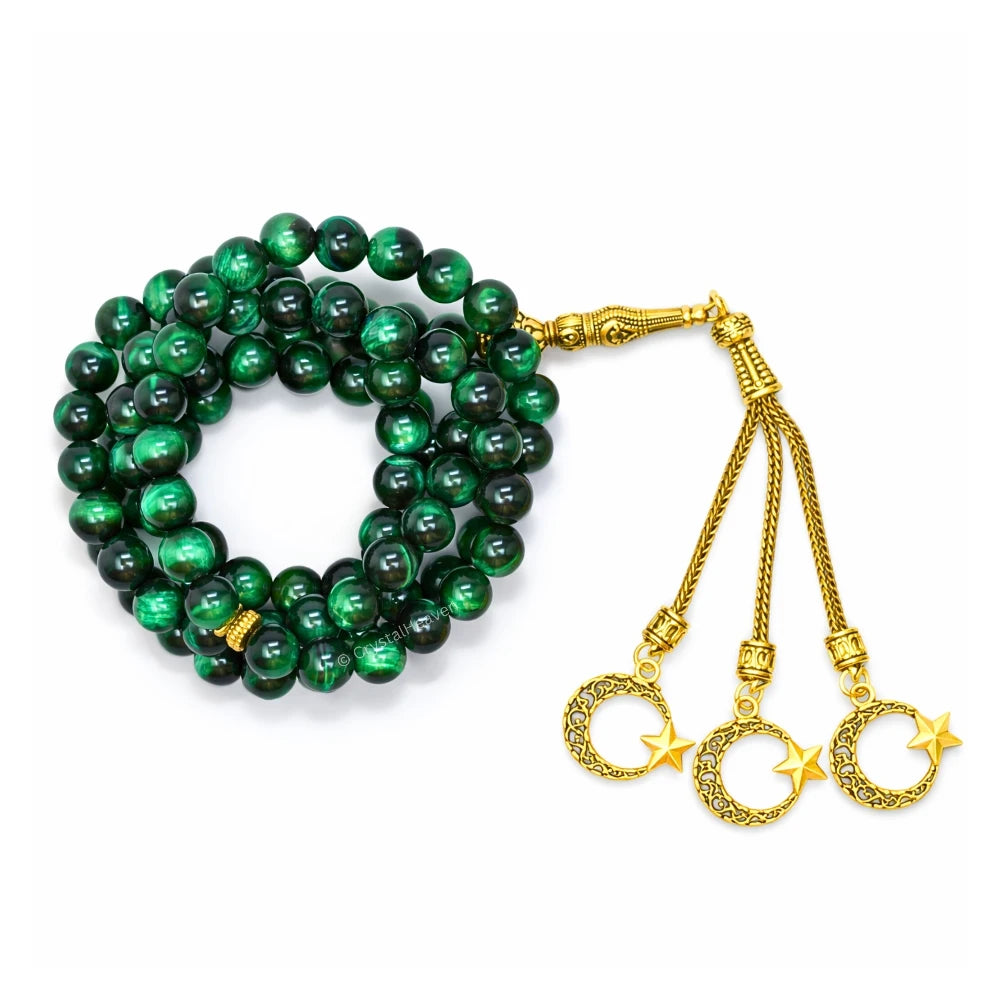 Green Tiger Eye Crystal Tasbih (Gold)