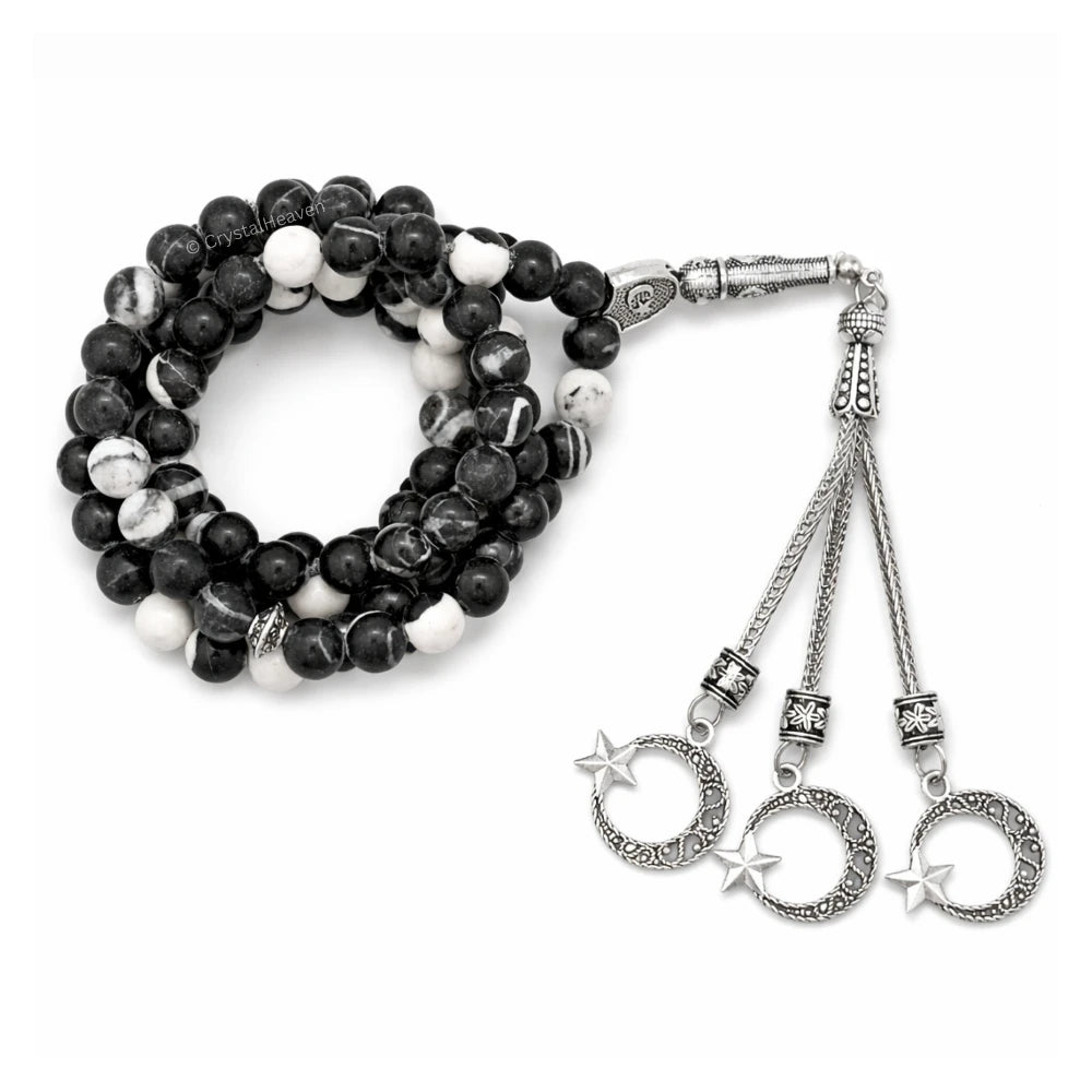 Black and White Jasper Crystal Tasbih (Silver)