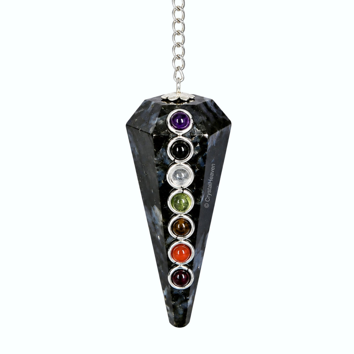 Indigo Gabbro Pendulum with Chakra Beads