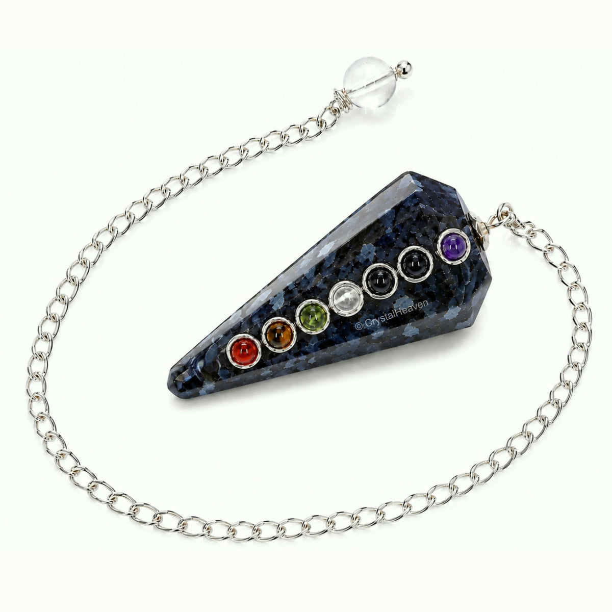 Indigo Gabbro Pendulum with Chakra Beads
