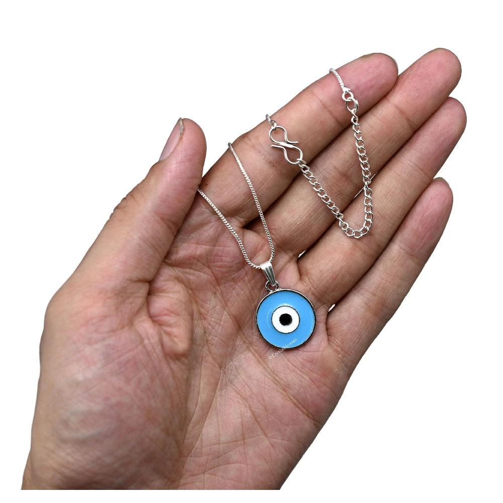 Sky Blue Evil Eye Pendant Necklace - Round (Silver)