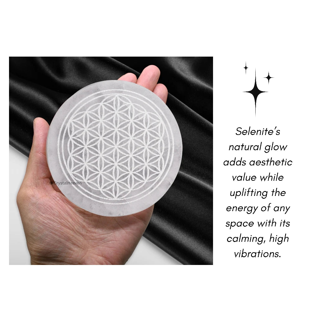 Selenite Charging Plate with Flower of Life (4 Inch)