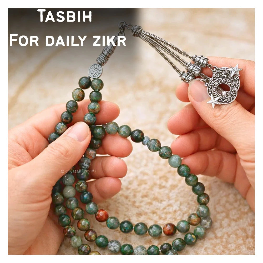 African Bloodstone Crystal Tasbih (Silver)