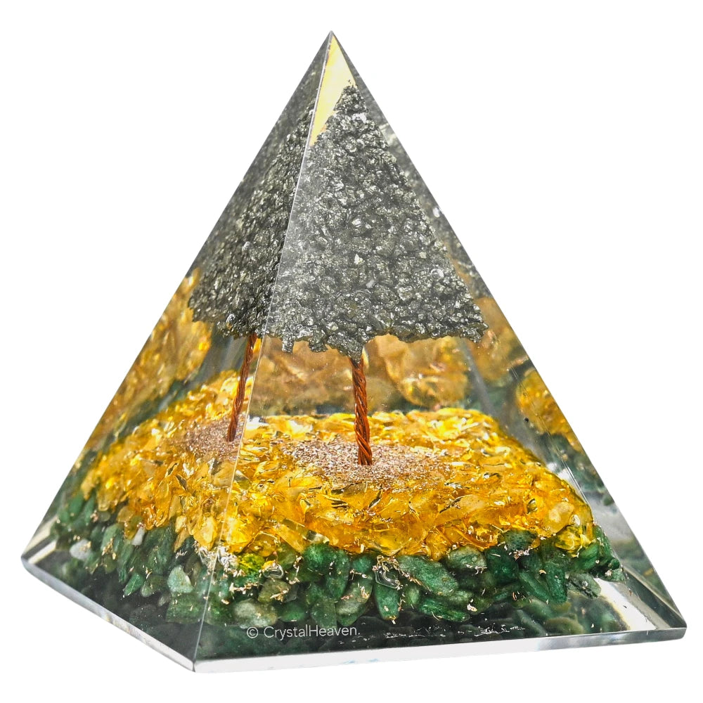 Green Aventurine, Citrine Crystal Orgone Pyramid with Pyrite Tree - 105 mm