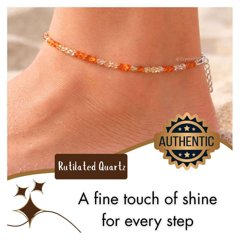 Rutilated Quartz Anklet - 2mm Faceted Beads (Silver)