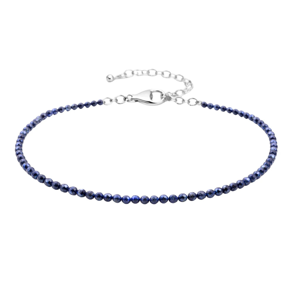 Blue Sunstone Dyed Anklet - 2mm Faceted Beads (Silver)