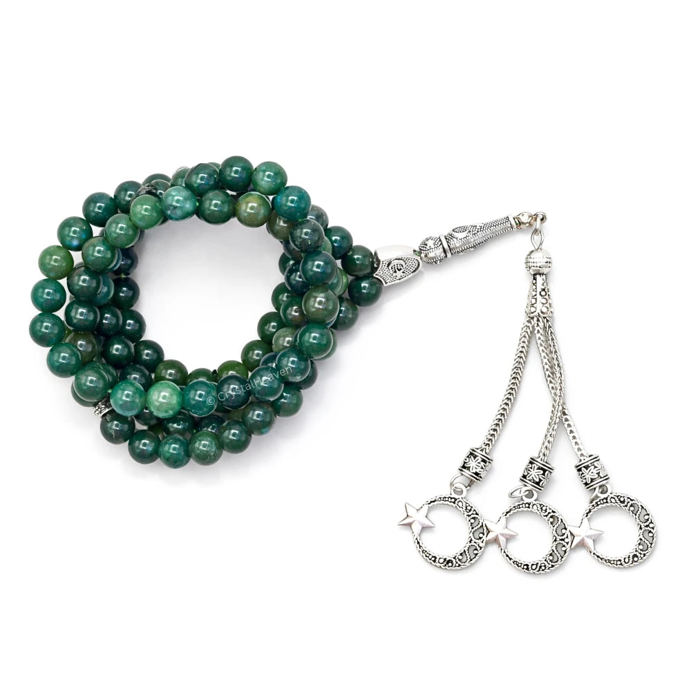 Moss Agate Crystal Tasbih (Silver)