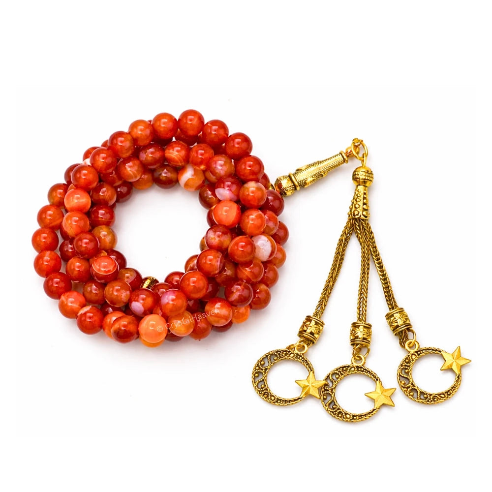 Red Banded Agate Crystal Tasbih (Gold)