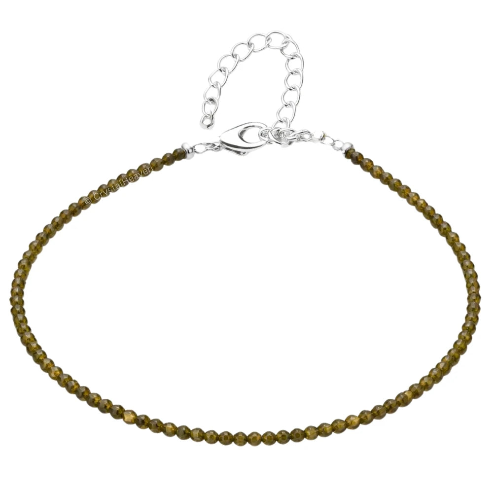 Green Cats Eye Anklet - 2mm Faceted Beads (Silver)