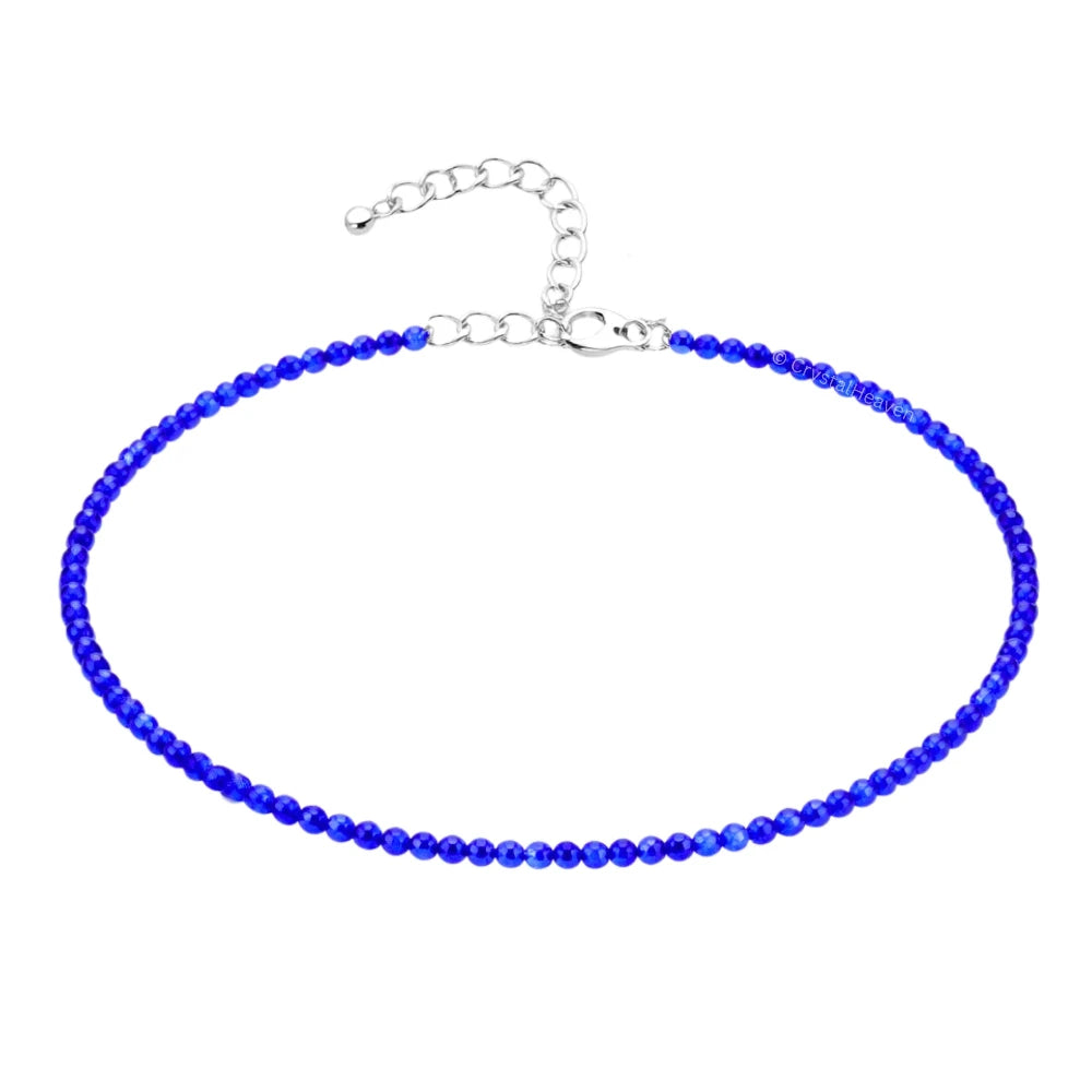 Royal Blue Chalcedony Anklet - 2mm Faceted Beads (Silver)