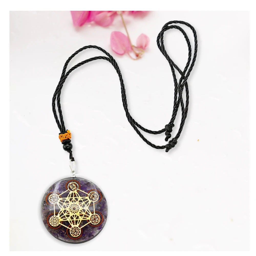 Amethyst Crystal Orgone Pendant - Chakra Metatron Cube