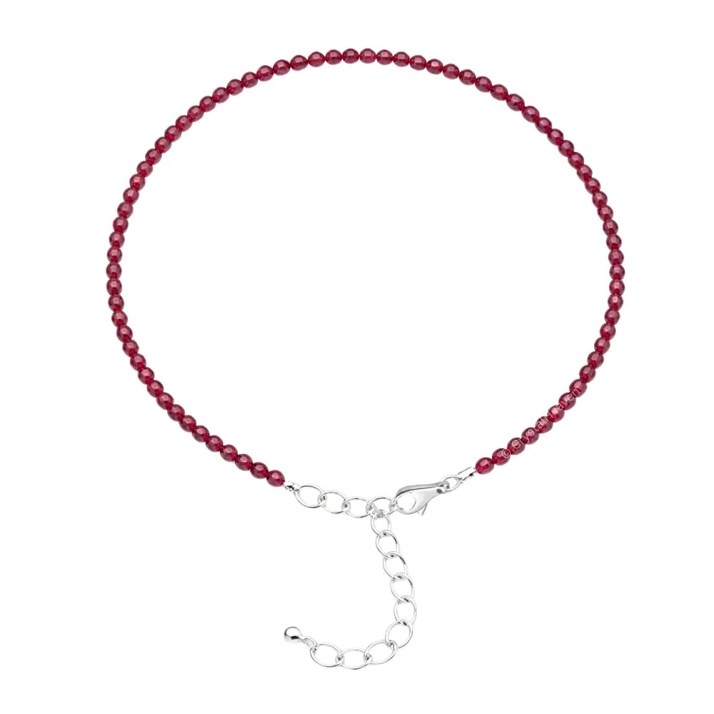 Red Garnet Anklet - 2mm Faceted Beads (Silver)
