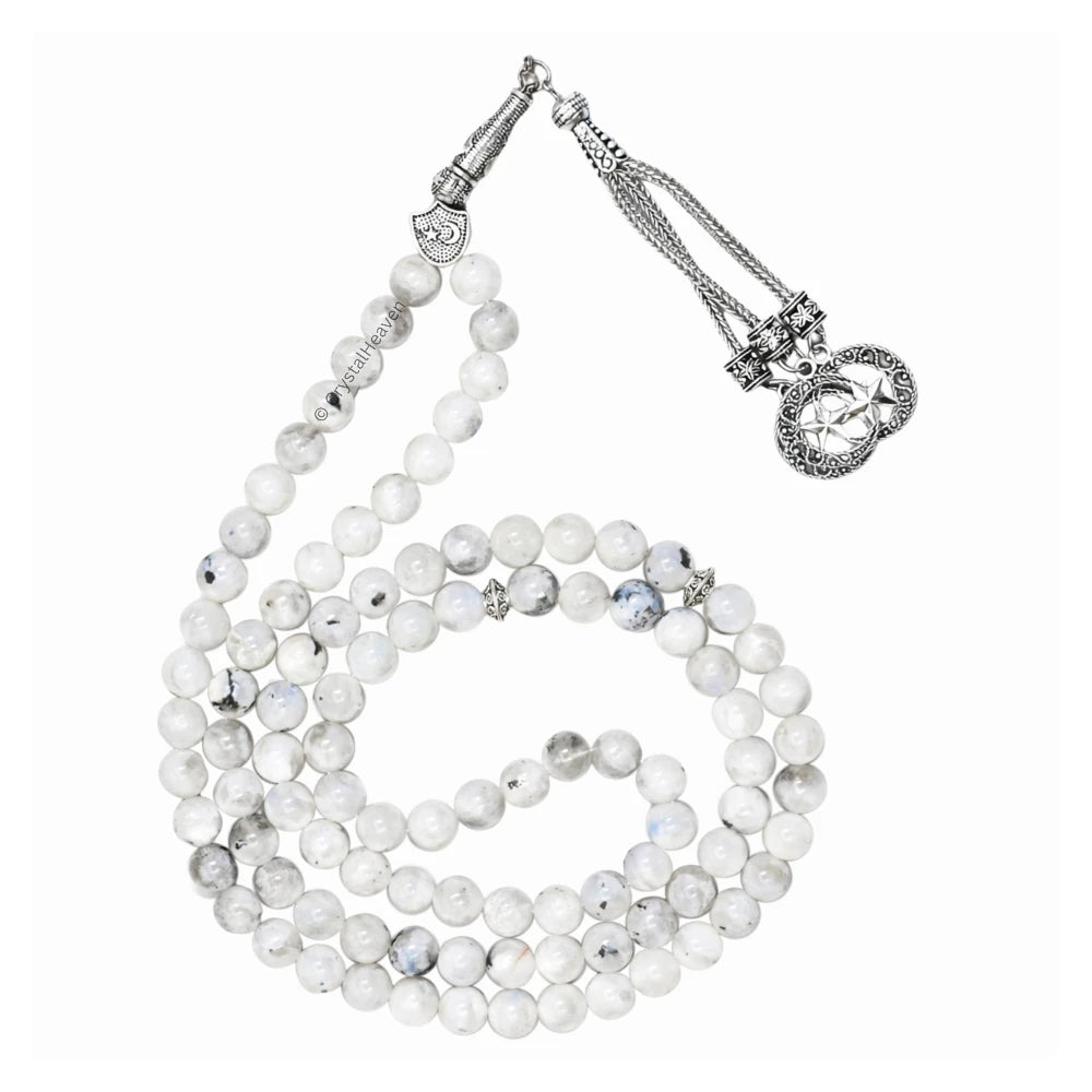 Rainbow Moonstone Crystal Tasbih (Silver)