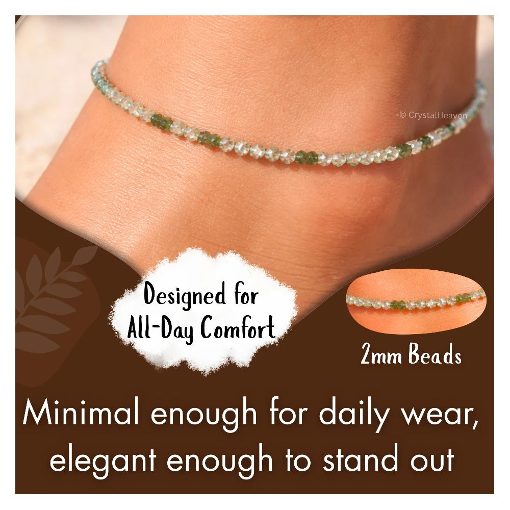 Green Rutilated Quartz Anklet - 2mm Faceted Beads (Silver)