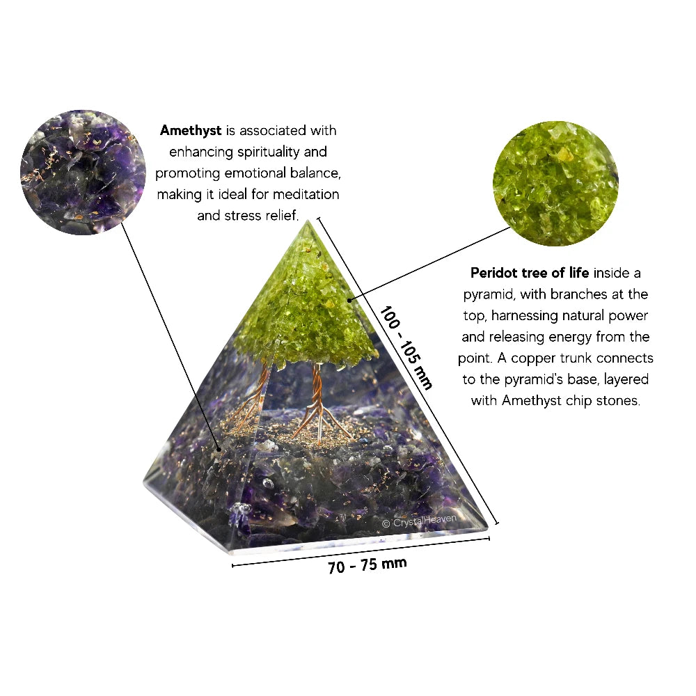 Amethyst with Peridot Tree Crystal Orgone Pyramid - 105 mm