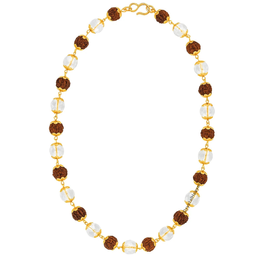 Rudraksha and Sphatik Mala Necklace (Gold Chain - Faceted)