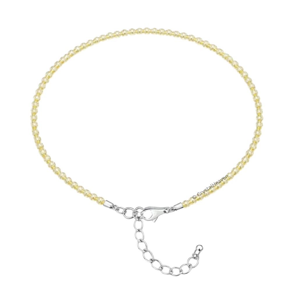 Lemon Quartz Anklet - 2mm Faceted Beads (Silver)