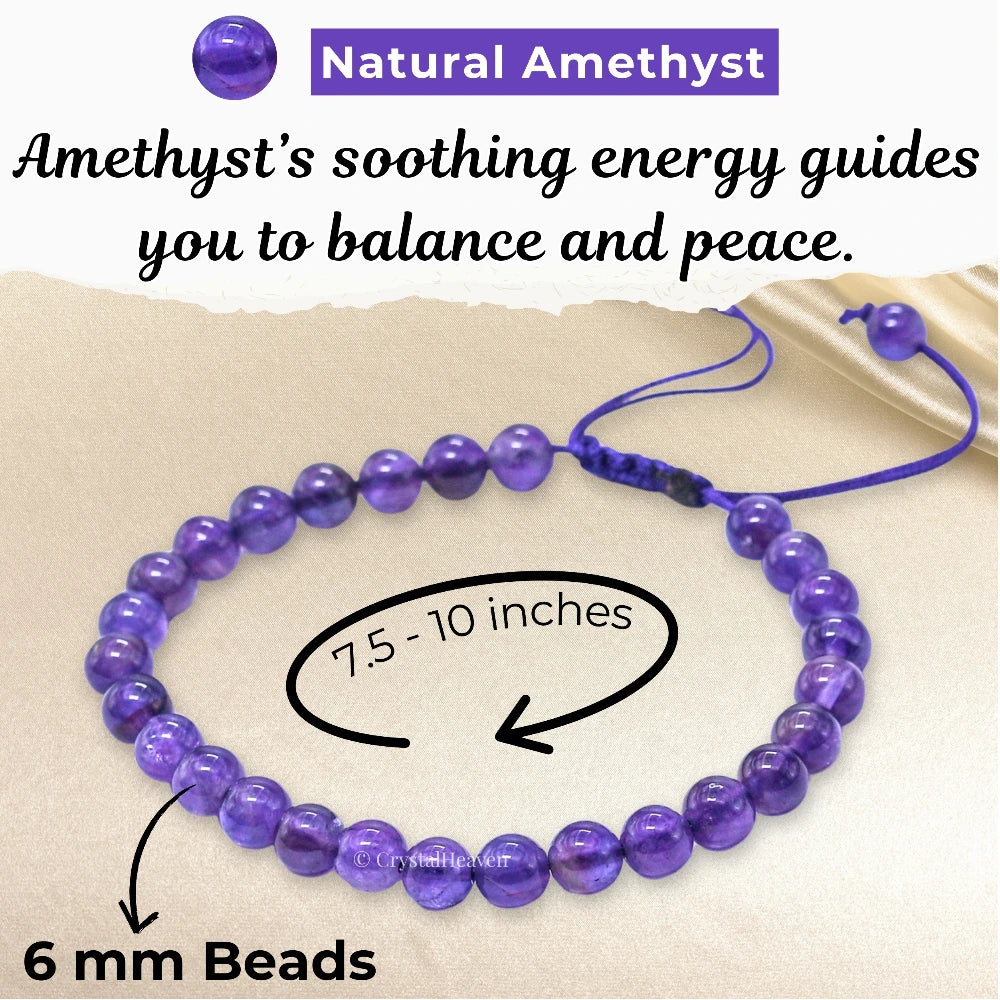 Amethyst Healing Crystal Bracelets - 6mm Beads (Adjustable)