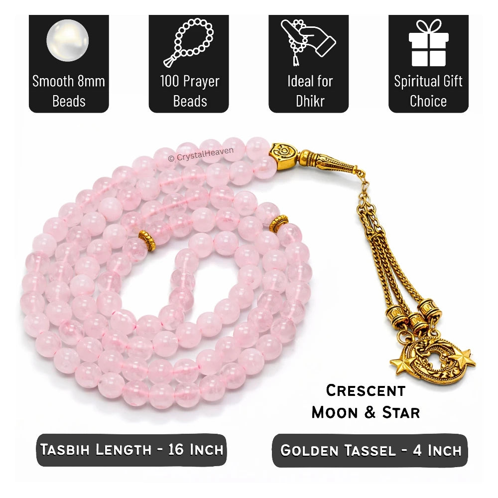 Rose Quartz Crystal Tasbih (Gold)