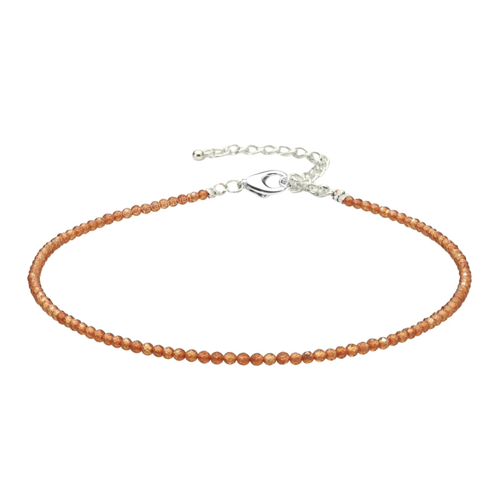 Hessonite Garnet Anklet - 2mm Faceted Beads (Silver)