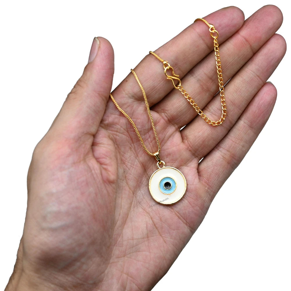 White Evil Eye Pendant Necklace - Round (Gold)
