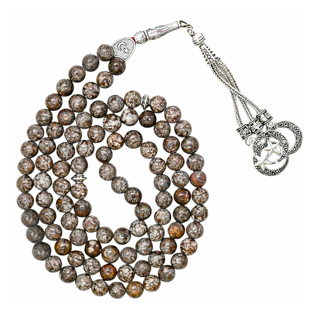 Brown Snowflake Obsidian Crystal Tasbih (Silver)