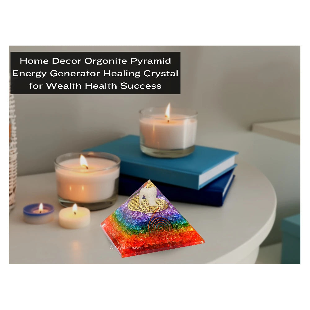 7 Chakra Onyx Crystal Orgone Pyramid with Angel Flower of Life - 100mm