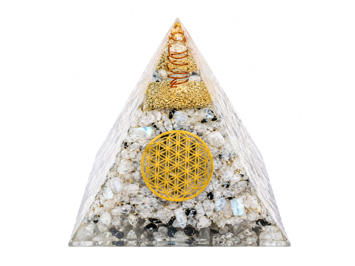 Rainbow Moonstone Flower of Life Crystal Orgone Pyramid - 105 mm