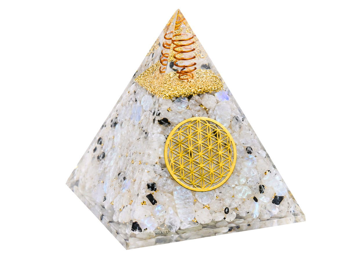 Rainbow Moonstone Flower of Life Crystal Orgone Pyramid - 105 mm