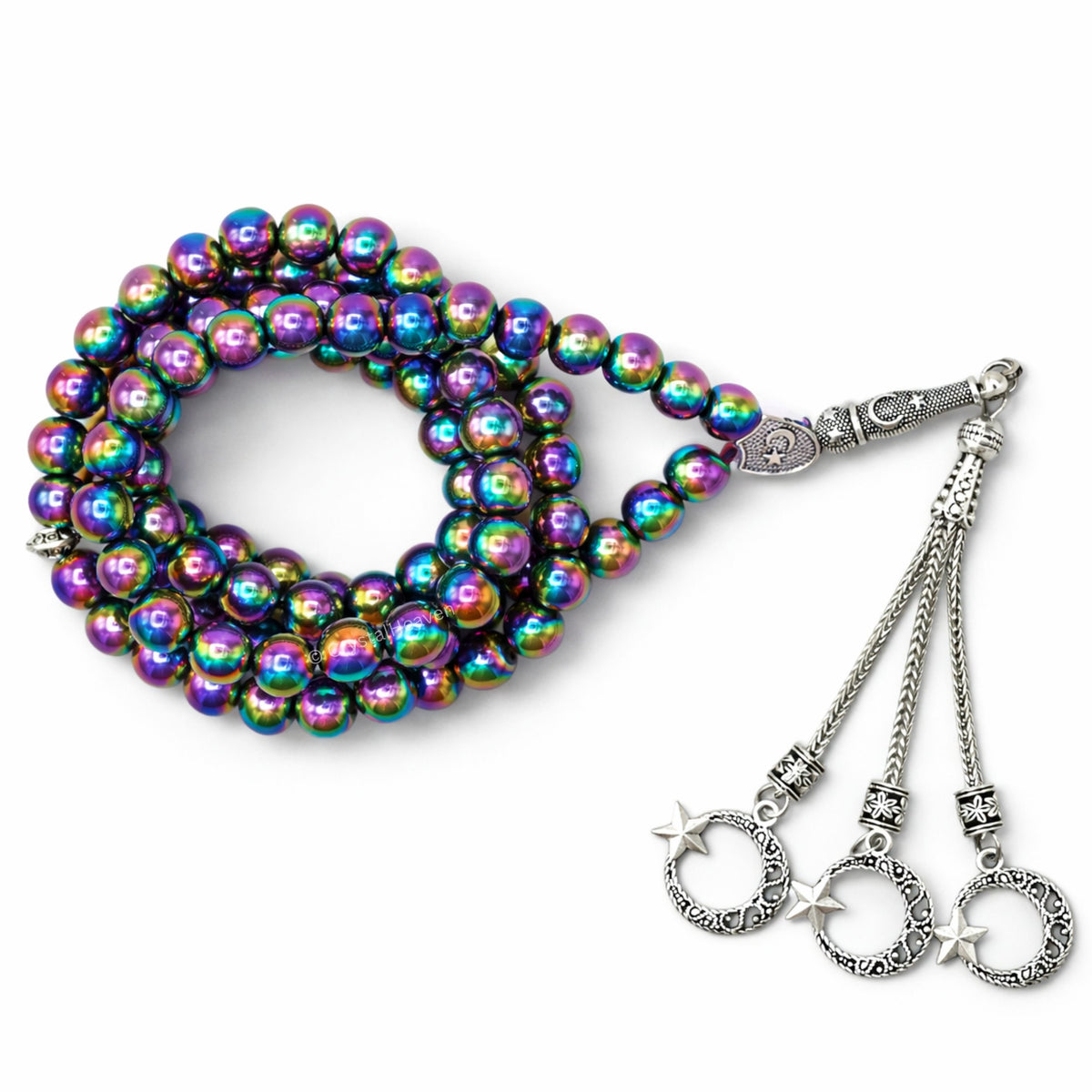 Rainbow Hematite Crystal Tasbih (Silver)