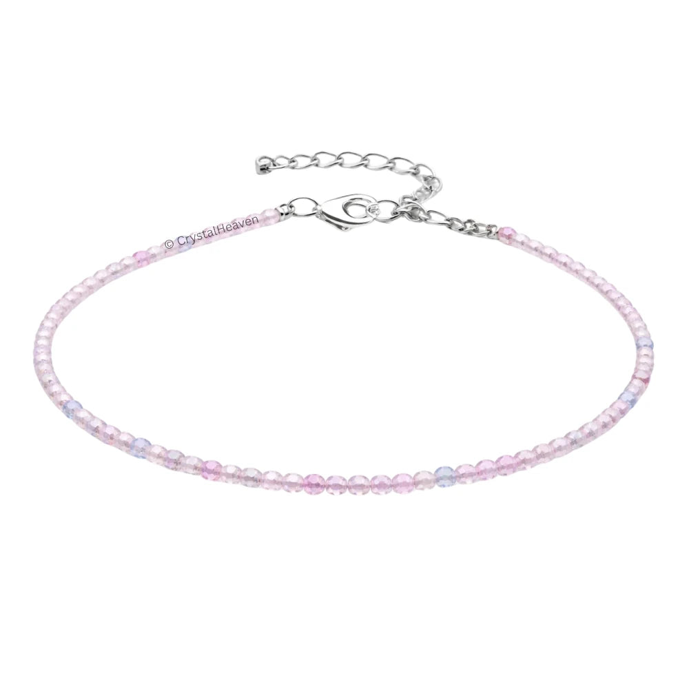 Pink Aqua Anklet - 2mm Faceted Beads (Silver)