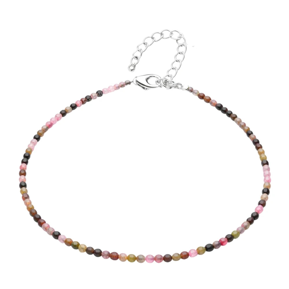 Multi Tourmaline Anklet - 2mm Faceted Beads (Silver)