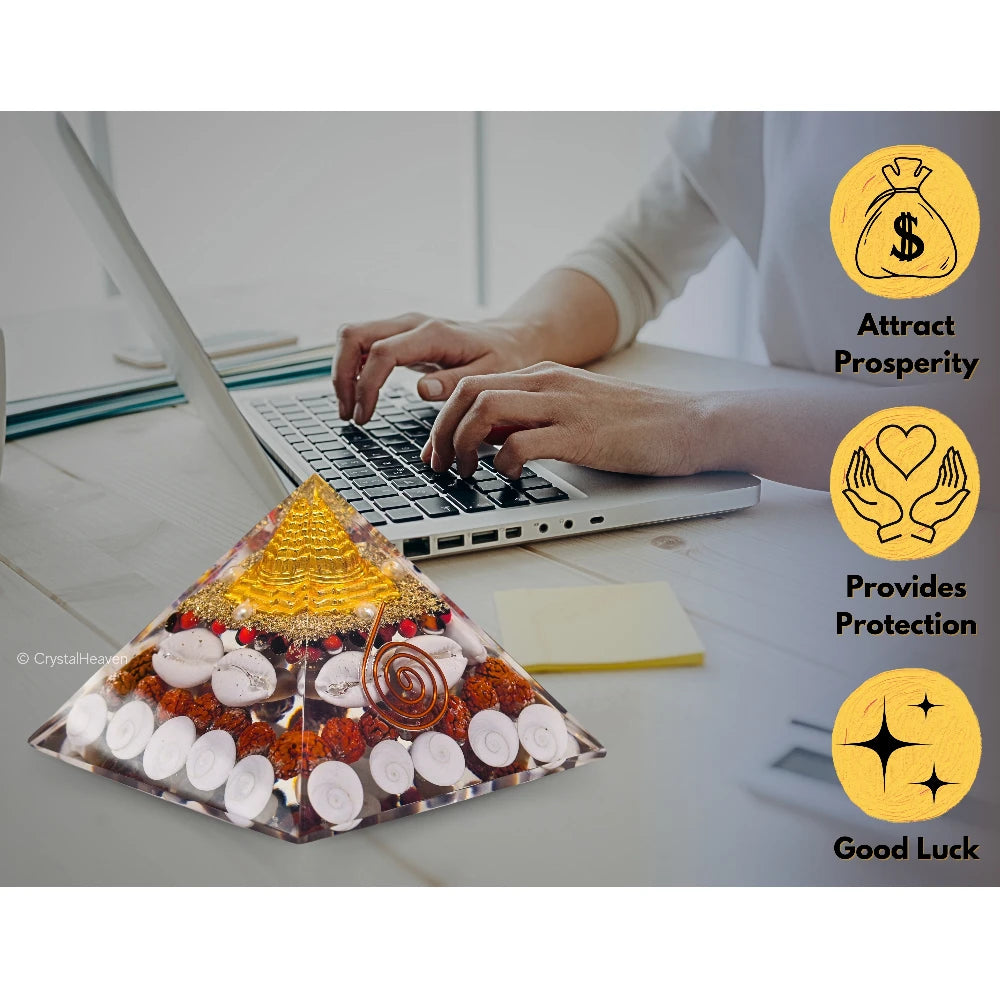 Laxmi Wealth Pyramid - Shree Yantra, Gomati Chakra, Rudraksha, Kodi (Large)