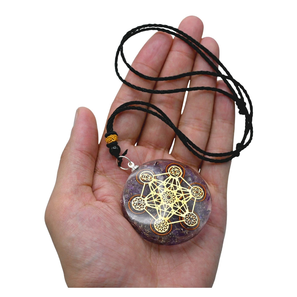 Amethyst Crystal Orgone Pendant - Chakra Metatron Cube
