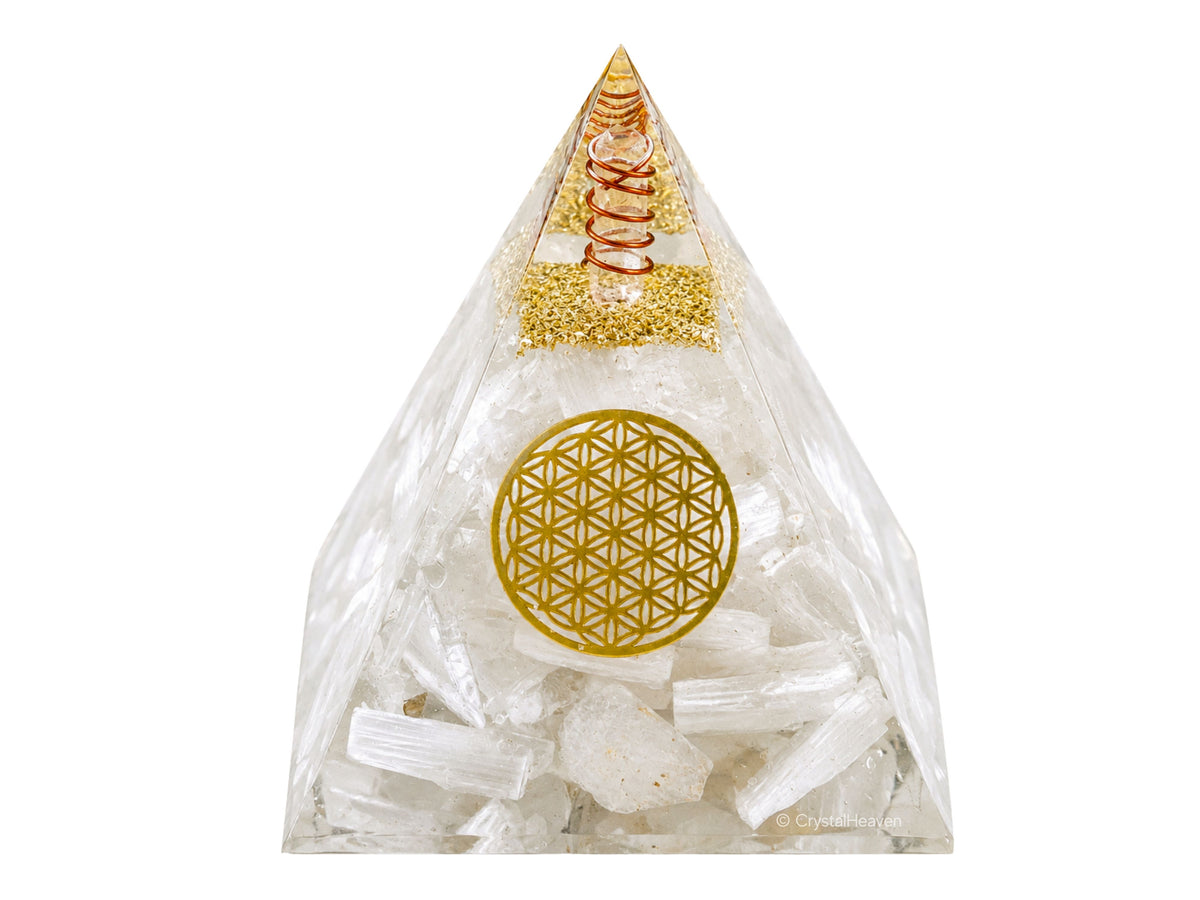 Selenite Flower of Life Crystal Orgone Pyramid - 105 mm