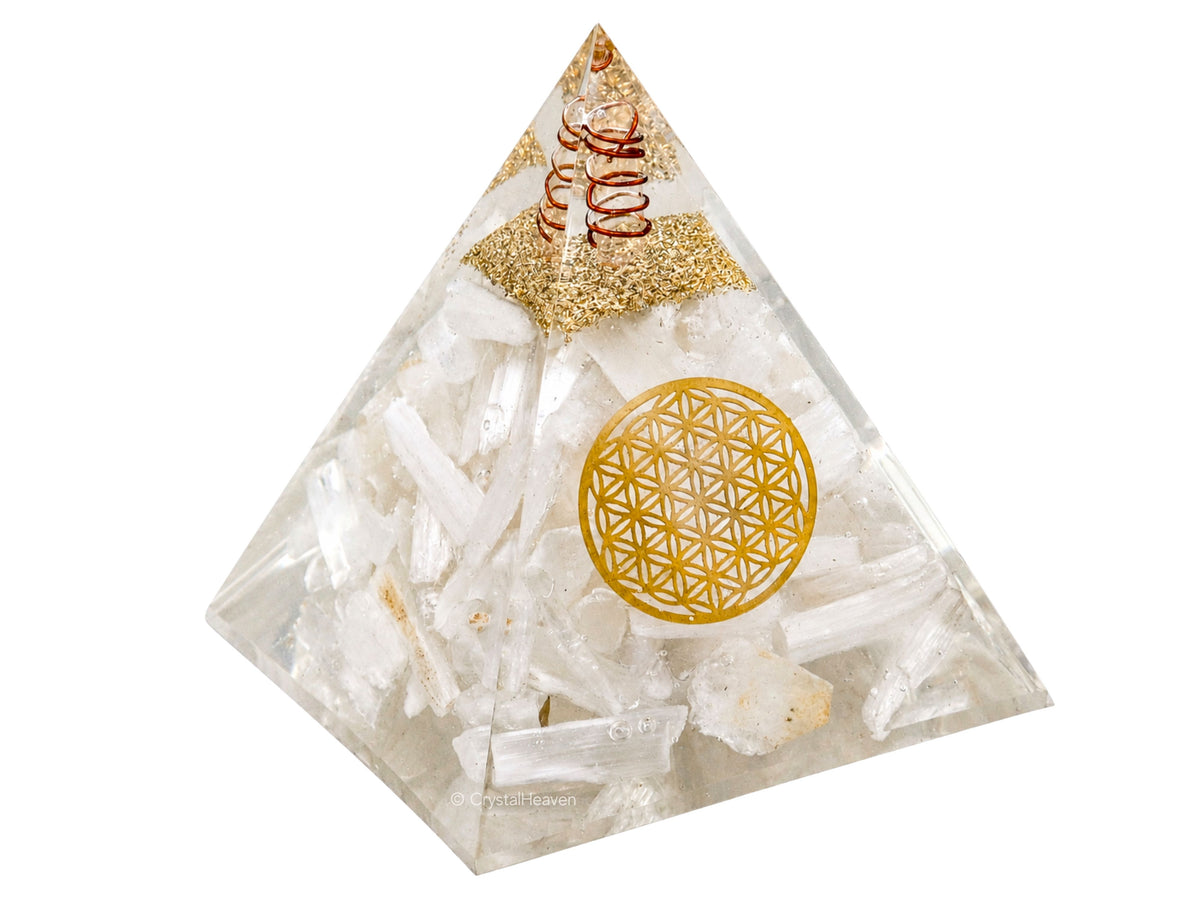 Selenite Flower of Life Crystal Orgone Pyramid - 105 mm