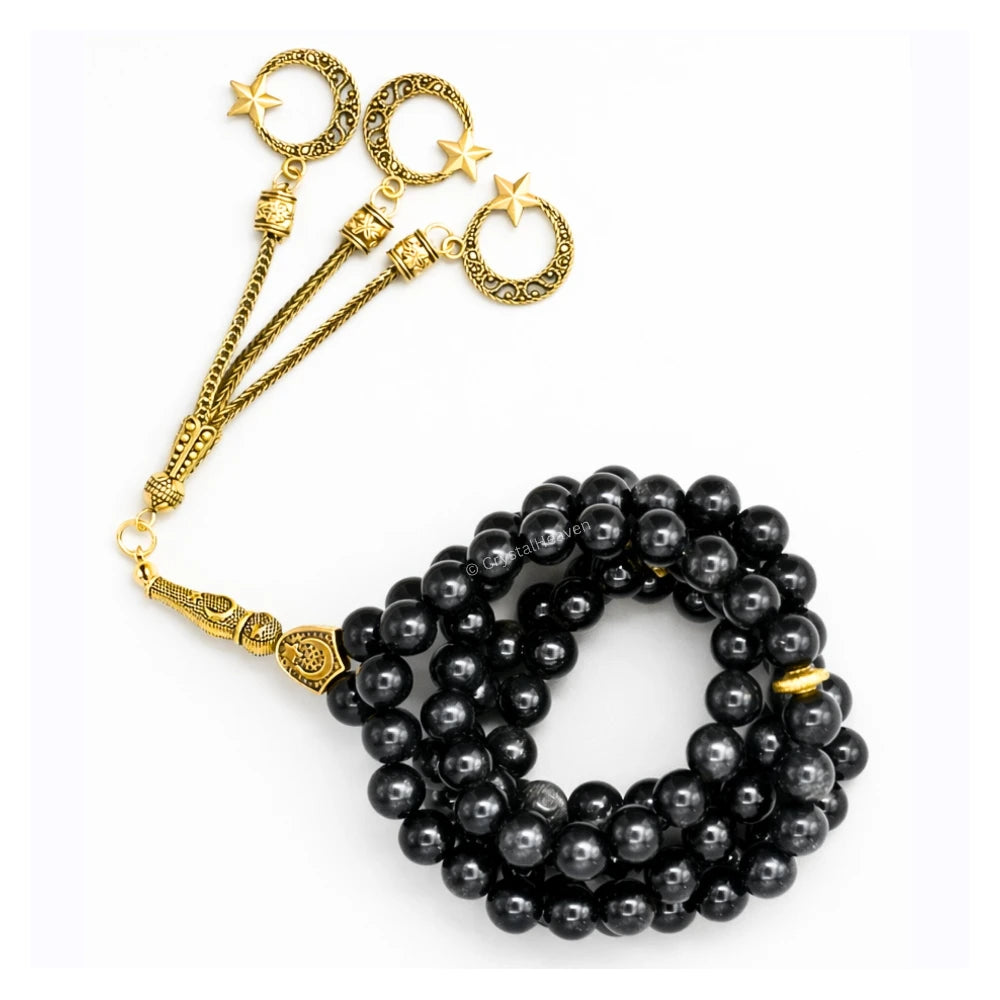 Silver Sheen Obsidian Crystal Tasbih (Gold)